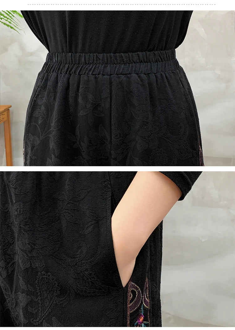Ele Embroidered Cotton Linen Wide Leg Pants Women's Casual High Waist Trousers Spring Autumn New Sle Comfortable Loose Fit
