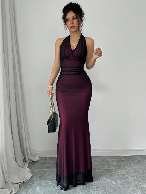 Summer Backless Sexy Maxi Dress Women Gown Patchwork Lace Halter Deep V Neck Sleeveless High Waist Elegant Long Dresses Vestido