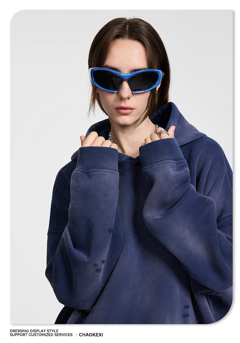 Oversized Hoodies Men Vintage Streetwear Acid Wash Ripped Hoodie Heavyweight Fleece Sweatshirt Pullover Thickened Winter Clothes