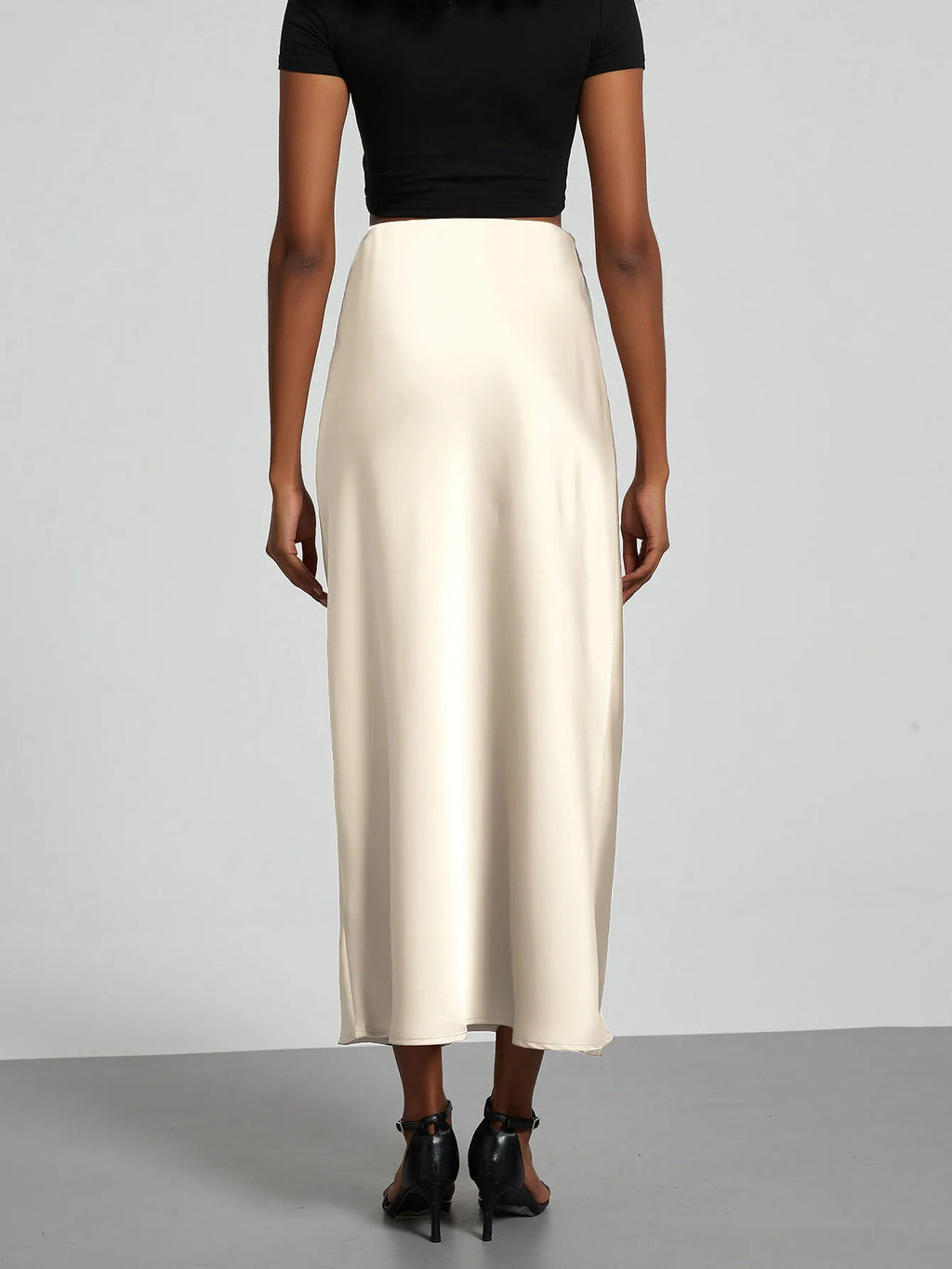Minimalist Satin Midi Skirt  High Waist Bias Cut Flowy Hem Top for Office & Casual Streetwear