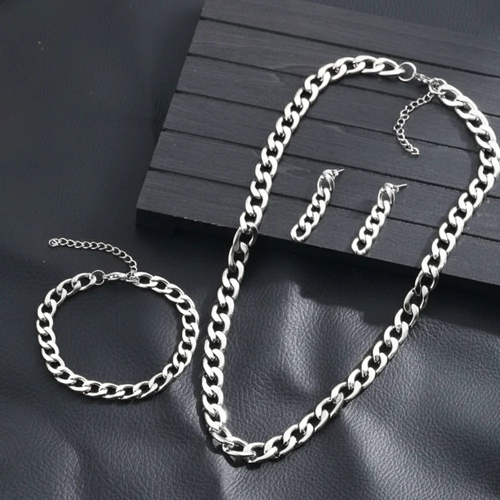 Stainless Steel Minimalist Cuban Chain Necklace, Earrings, And Bracelet Set Women's Fashionable, Unique, Trendy Vintage Jewelry