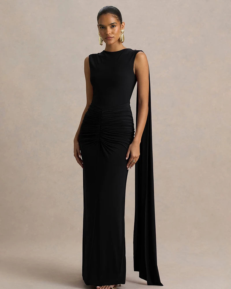 New Backless Evening Gowns Elegant Lady Bodycon Ruched Maxi Dress with Ribbon Fashion Women Sleeveless Prom Dress for Party