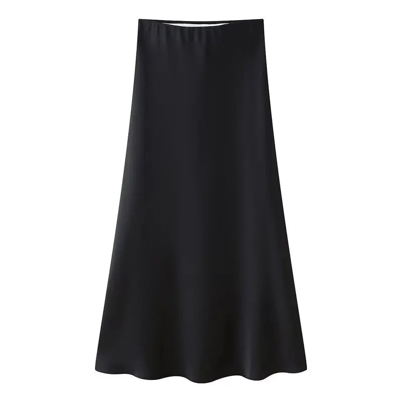 Silk Satin High Waist Slimming Casual Midi Skirt Pure Color Spring 2025 Women's Faion f-length A-line Skirt