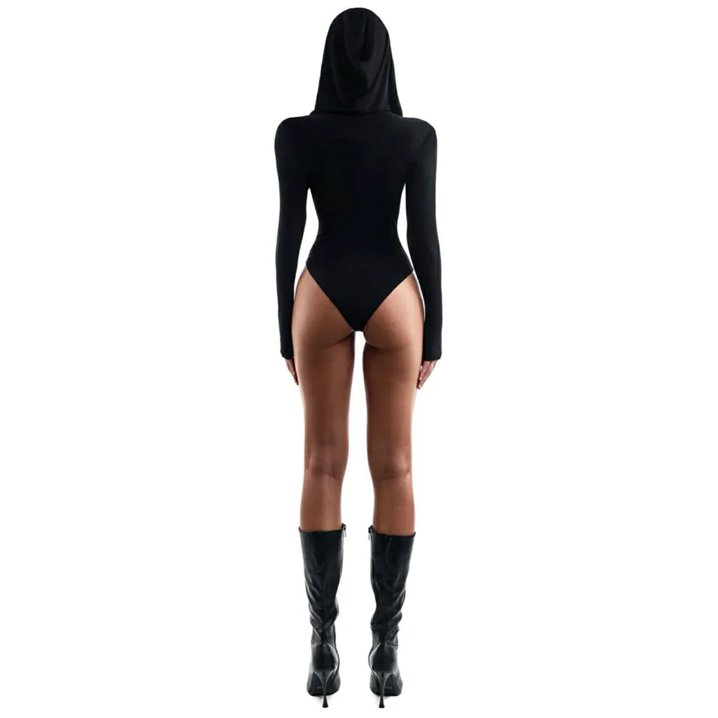 Hooded Bodysuit V-neck Body Feminino Long Sleeve Lingerie Sexy Tops Women Y2k Clothes Solid Black One-pieces Bustier Rave Outfit