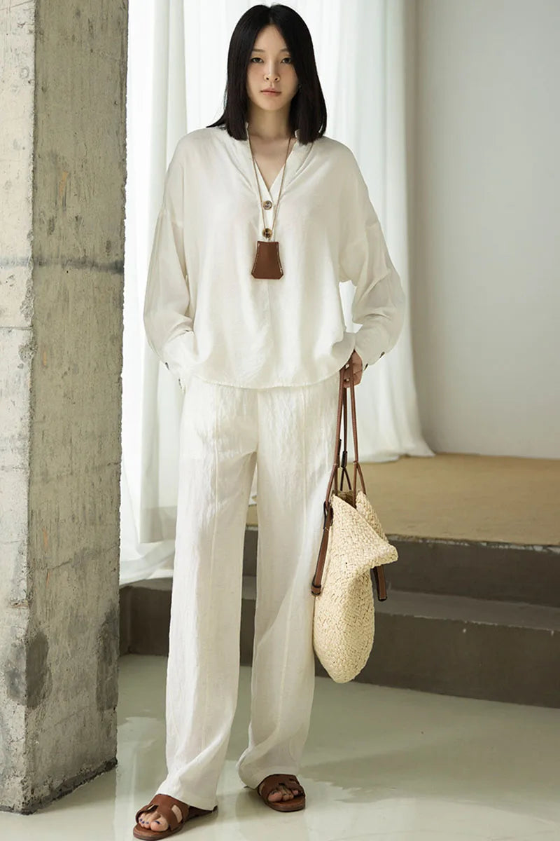 Women's Linen Lyocell Blend Wide Leg Pants Solid Color Versatile Casual Loose Straight Pants Spring Summer High Waist Trousers