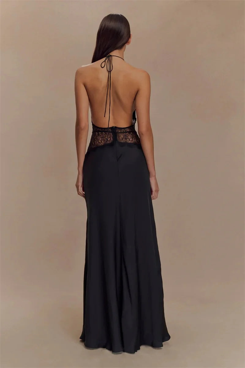 2025 Summer Backless Sexy Maxi Dress Women White Black Gown Lace Patchwork Halter Deep V Neck Sleeveless Party Club Long Dresses