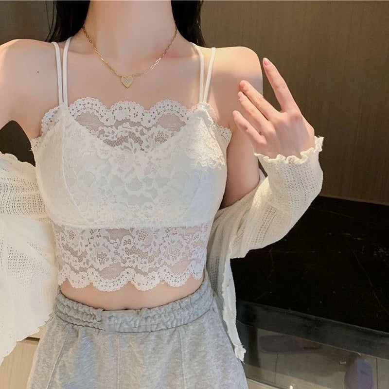 Ladies' Summer Sexy Backless Lace Camisole Underwear Underwire Bra Without Steel Rings Shoulder Straps For Support Breathable