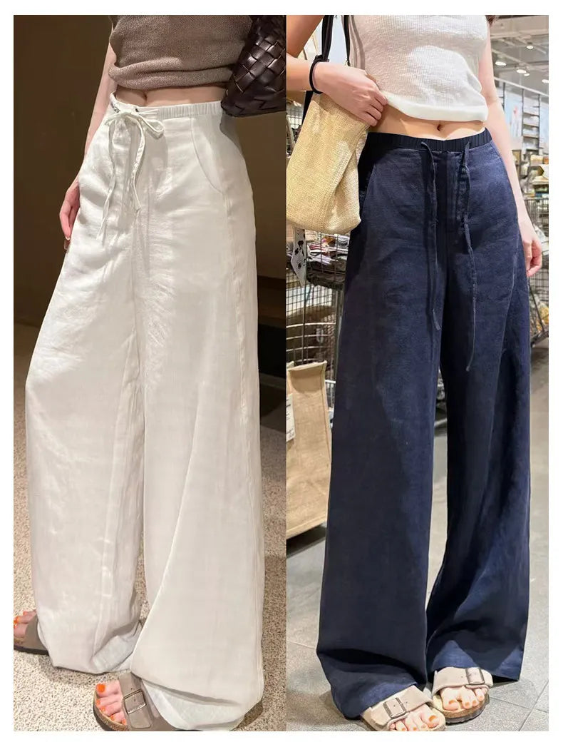 Women Navy Blue Cotton Linen Straight Wide Leg Pants 2026 New Thin High Rise Loose Lazy Fit Spring Summer Daily Casual Trousers