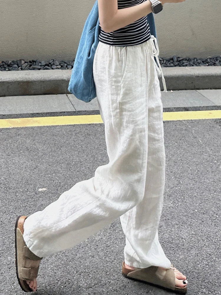 Women's Linen Wide Leg Pants Spring Summer Thin Loose Casual Straight Trousers Comfortable White