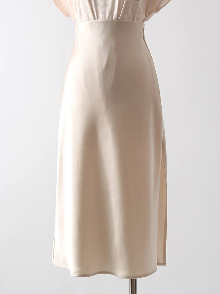Midi Satin Skirts Women Luxury Summer Black Formal Silk Office Skirt With Slit A Line Green Midi Skirt Burgundy Women Elegant