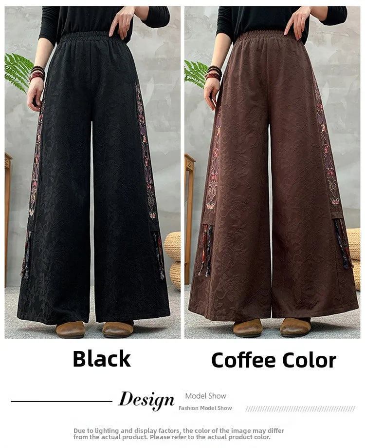 Ele Embroidered Cotton Linen Wide Leg Pants Women's Casual High Waist Trousers Spring Autumn New Sle Comfortable Loose Fit