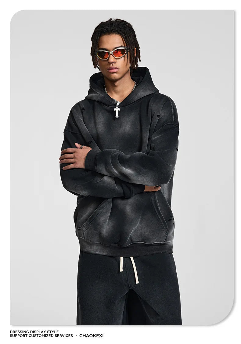 Oversized Hoodies Men Vintage Streetwear Acid Wash Ripped Hoodie Heavyweight Fleece Sweatshirt Pullover Thickened Winter Clothes