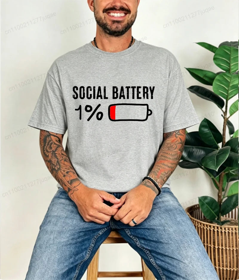 T-shirt for Men Social Battery 1 Percent Funny Introvert T Shirt Men Tops Casual Clothing Oversize Vintage Clothes Trend Tshirt