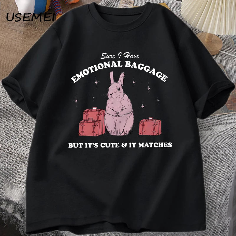 Sure I Have Emotional Baggage Funny Mental Health T Shirts Women Men Vintage Rabbit Tee Shirt Summer Short Sleeve Graphic Tees