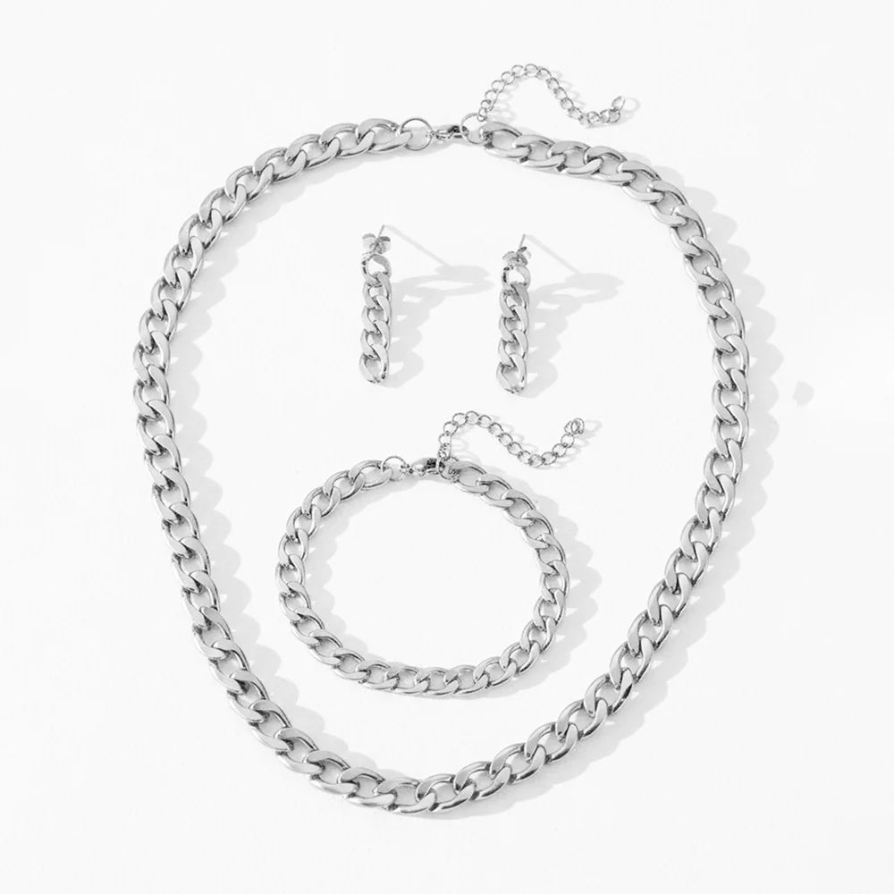 Stainless Steel Minimalist Cuban Chain Necklace, Earrings, And Bracelet Set Women's Fashionable, Unique, Trendy Vintage Jewelry
