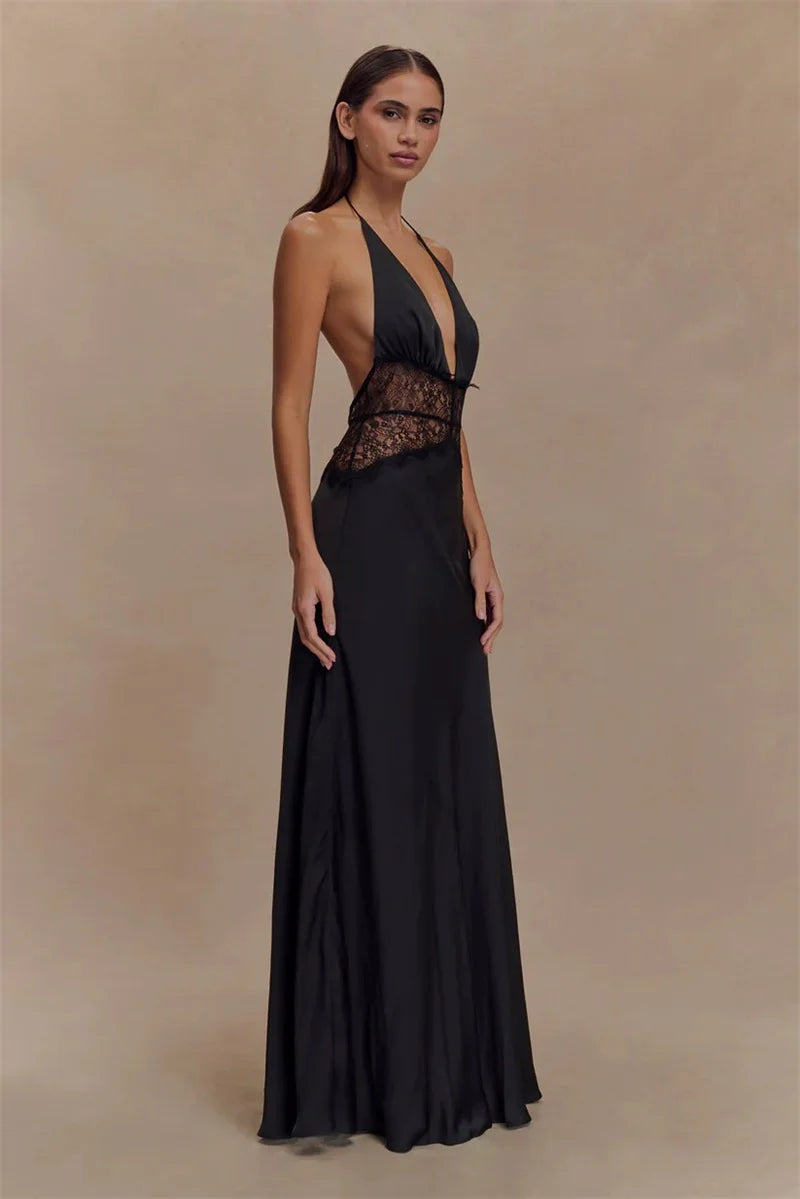 2025 Summer Backless Sexy Maxi Dress Women White Black Gown Lace Patchwork Halter Deep V Neck Sleeveless Party Club Long Dresses