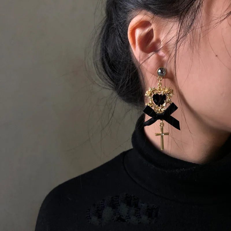 Baroque Asymmetrical Vintage Cross Pearl Pendant Earrings For Women Lady Crsytal Heart Angel Ear Rings Classic Long Earring