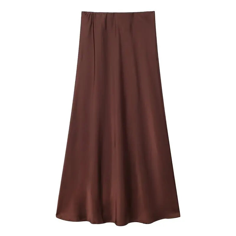 Silk Satin High Waist Slimming Casual Midi Skirt Pure Color Spring 2025 Women's Faion f-length A-line Skirt