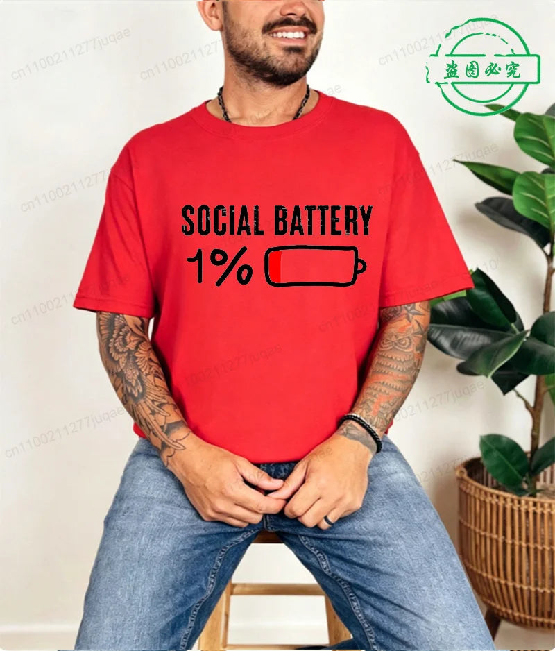 T-shirt for Men Social Battery 1 Percent Funny Introvert T Shirt Men Tops Casual Clothing Oversize Vintage Clothes Trend Tshirt
