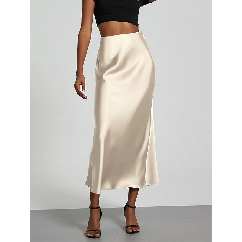 Minimalist Satin Midi Skirt  High Waist Bias Cut Flowy Hem Top for Office & Casual Streetwear