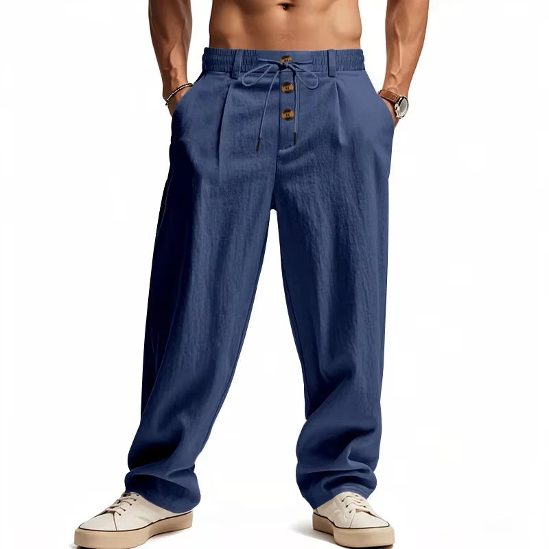 Men's Boho Linen Blend Wide Leg Pants High Waist Drawstring Button Fly Loose Fit Trousers with Side Pockets