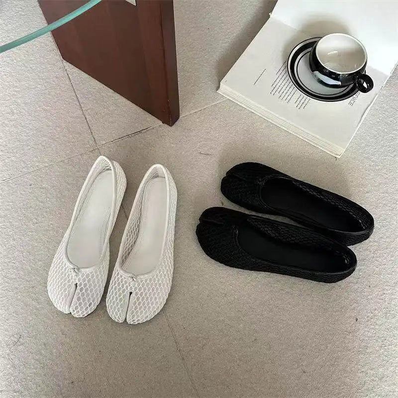 Women Mesh Tabi Split Toe Ballet Flats Summer Breathable Hollow Out Slip On Loafers Casual Comfortable Flat Shoes Zapatos Mujer