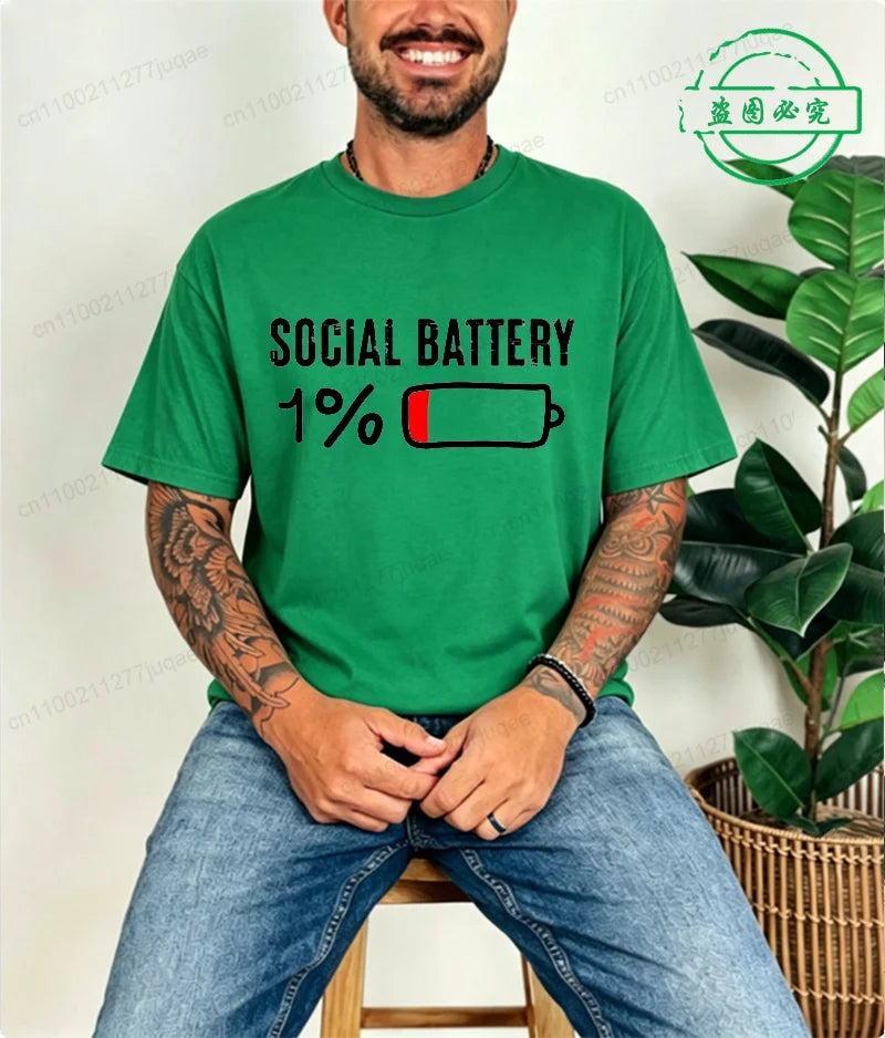 T-shirt for Men Social Battery 1 Percent Funny Introvert T Shirt Men Tops Casual Clothing Oversize Vintage Clothes Trend Tshirt