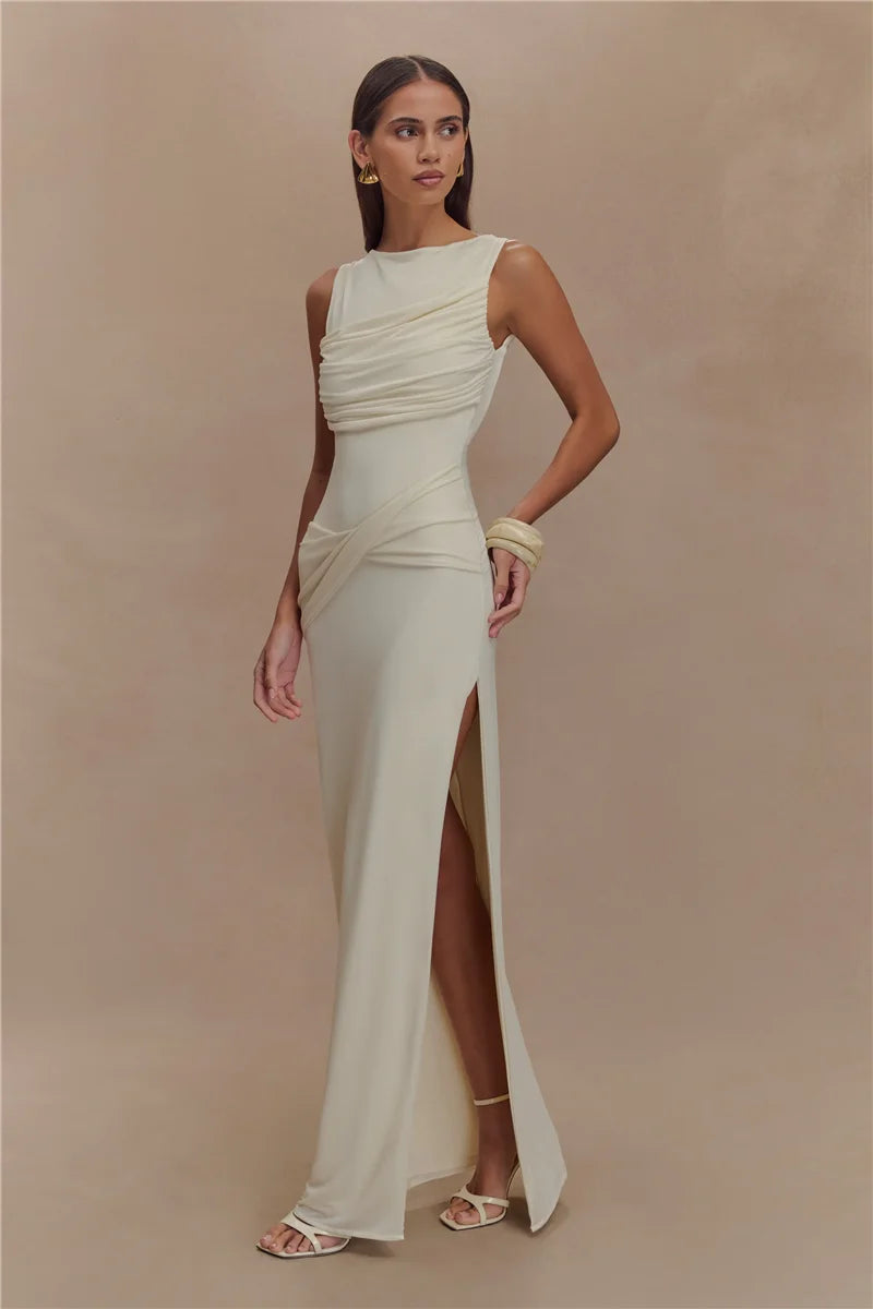 Backless Ruched Sexy Maxi Dress Women Summer O Neck High Split Bodycon Elegant Long Dress Fashion Gown Sleeveless Dresses 2025