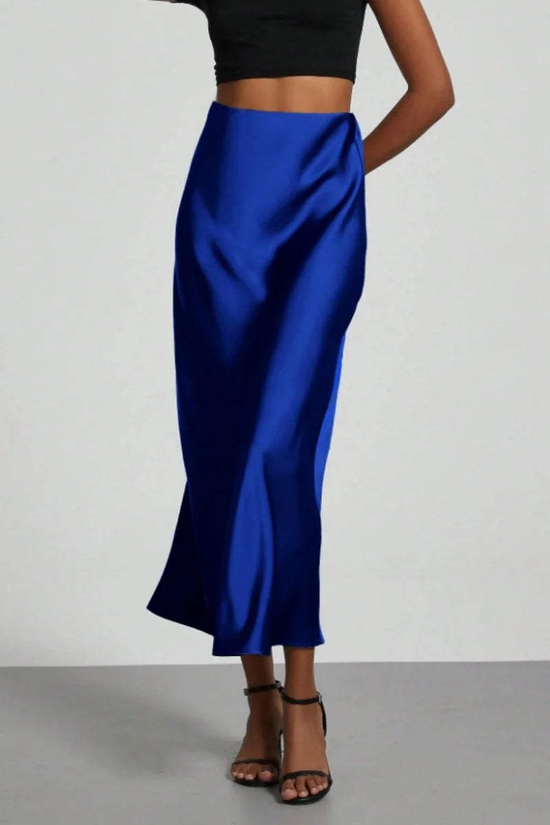 Women's Summer High Waist Silky Satin Draped Midi Mermaid Skirt Solid Flowly Bias Cut Long Slip Skirt Elegant Casual Bottoms
