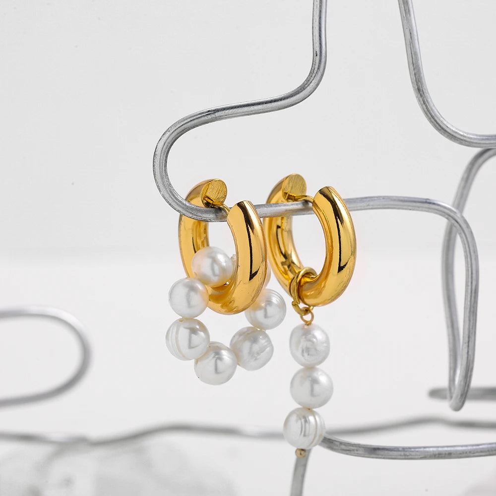 Baroque Pearls Shape Pendant Drop Earrings for Women Gold Plated Stainless Steel Round Circle Huggies Earring Fashion Jewelry