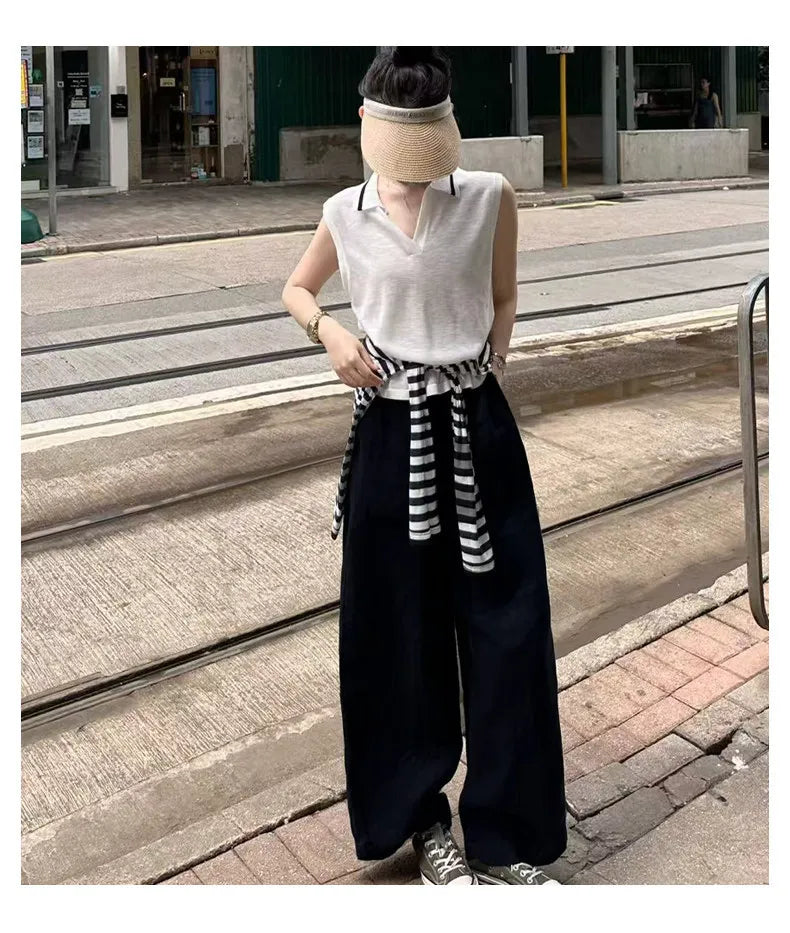 Women Navy Blue Cotton Linen Straight Wide Leg Pants 2026 New Thin High Rise Loose Lazy Fit Spring Summer Daily Casual Trousers
