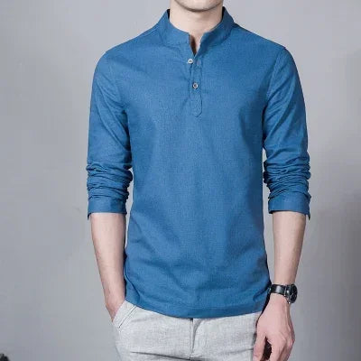 Men's Clothing  Men Spring Tops & Tees Male Fashion T-Shirts Stand Collar Long-sleeved Slim Base Shirt Homme Linen t-shirt