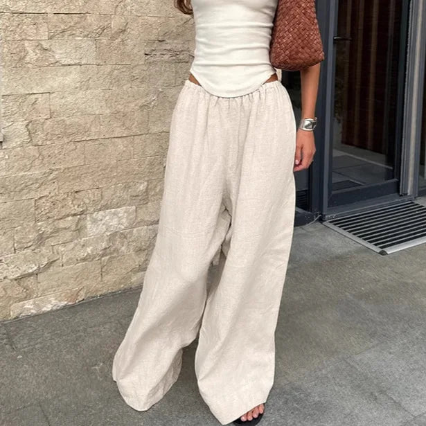 2025 Summer Linen Wide Leg Pants Women Casual Loose Pocket Trousers Office Commuter