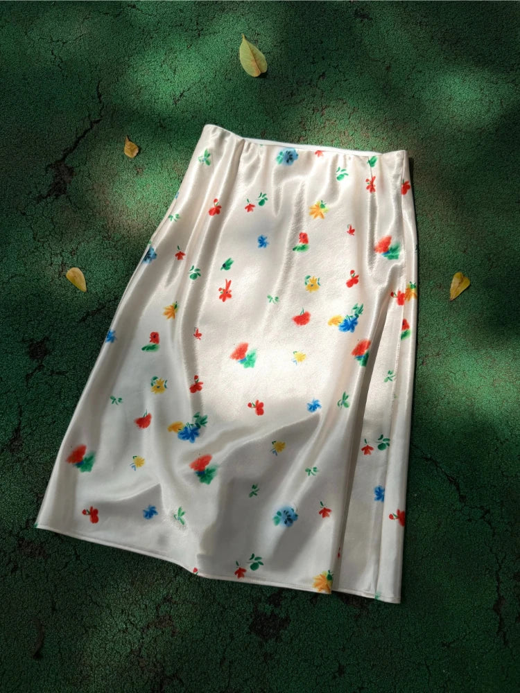 Women's Satin Floral Midi Skirt High Waist Bias Cut Slip Skirt Summer Casual A-Line French Style for Daily, Dating & Vacation