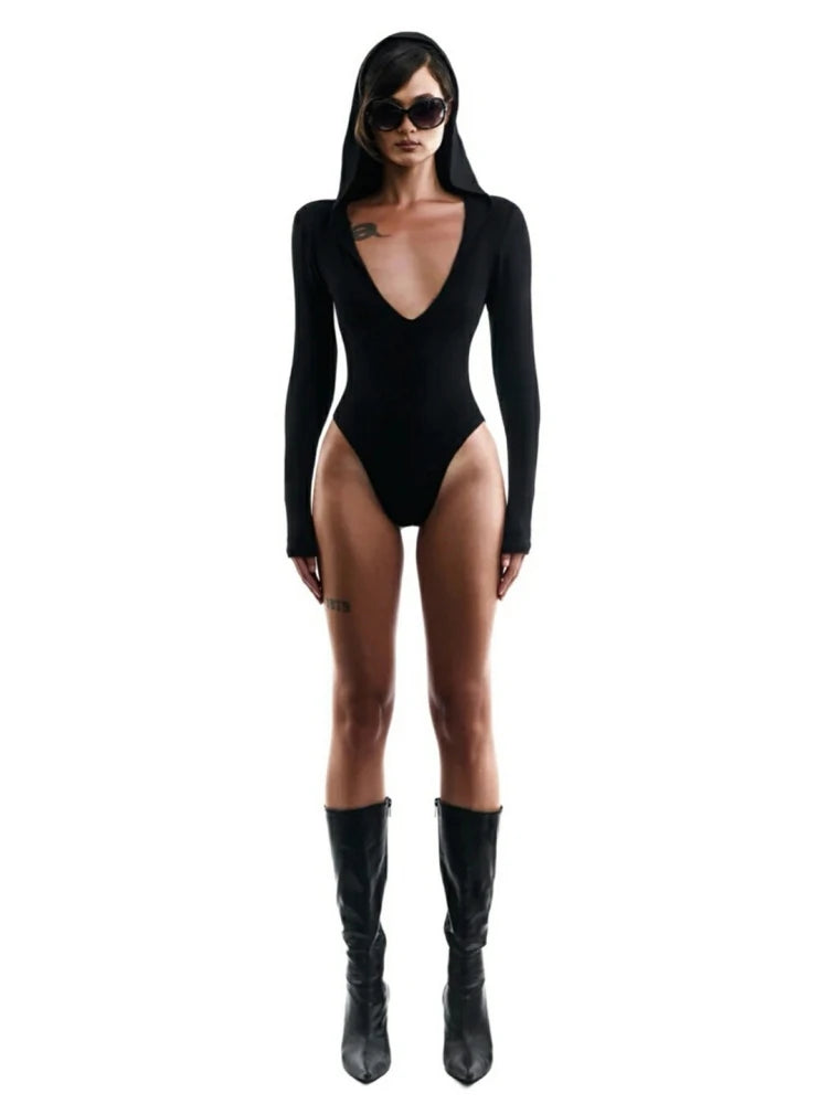 Hooded Bodysuit V-neck Body Feminino Long Sleeve Lingerie Sexy Tops Women Y2k Clothes Solid Black One-pieces Bustier Rave Outfit