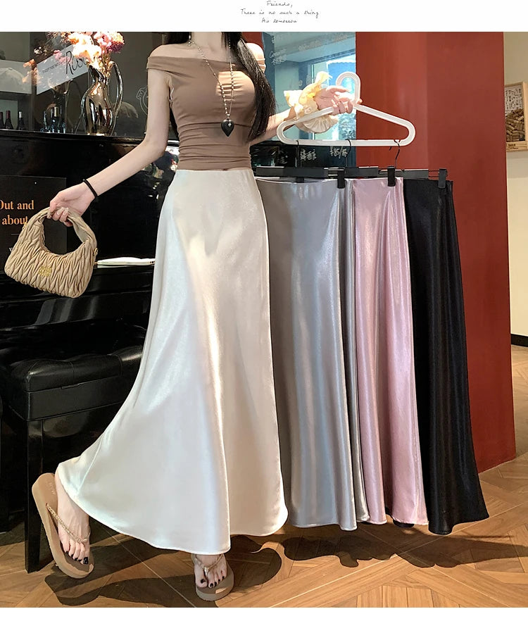 Satin Midaxi Skirt For Women Flowy Mermaid Trumpet Hem, High Waist, A Line Fit Spring Summer Autumn New Skirts