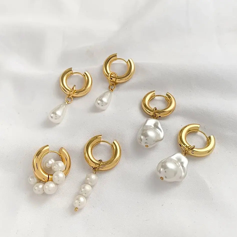 Baroque Pearls Shape Pendant Drop Earrings for Women Gold Plated Stainless Steel Round Circle Huggies Earring Fashion Jewelry