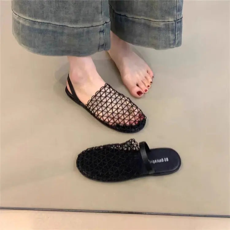 Woven Mesh Flat Slippers for Women Lightweight Breathable Open Toe Casual Sandals Black Trim Mule Shoes Summer Beach Walking