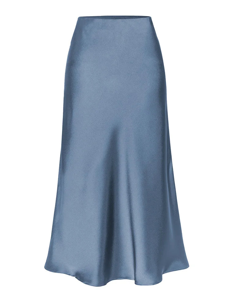 Green Satin Midi Skirts For Women Summer Elastic High Waist A Line Slit Skirt Midi Satin Silk Women Skirt With Slit Summer 2024