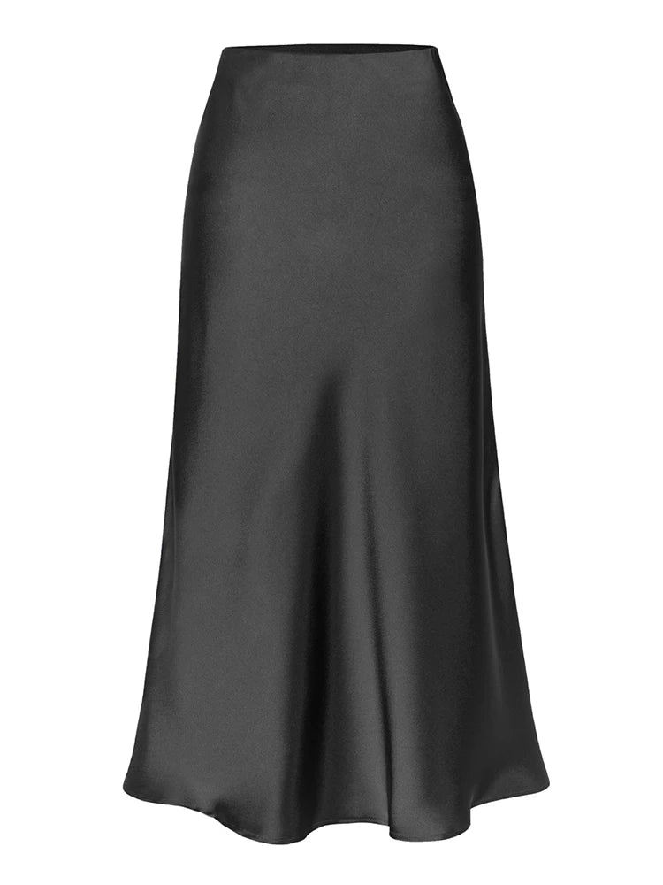 Green Satin Midi Skirts For Women Summer Elastic High Waist A Line Slit Skirt Midi Satin Silk Women Skirt With Slit Summer 2024