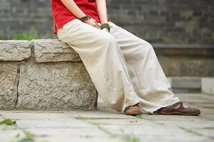 2024 Cotton Linen Bloomers Wide Leg Pants Women Vintage Full Length Fashion Elegent Pants Solid Elasitic Waist Spring Autumn 5XL