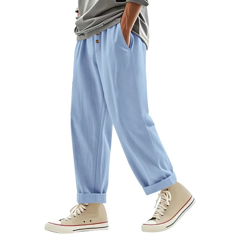 Men's Boho Linen Blend Wide Leg Pants High Waist Drawstring Button Fly Loose Fit Trousers with Side Pockets