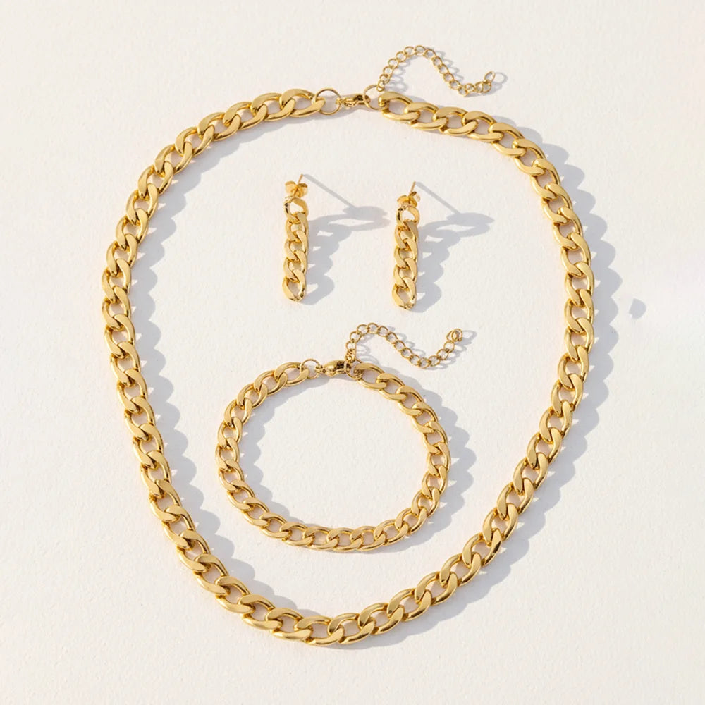 Stainless Steel Minimalist Cuban Chain Necklace, Earrings, And Bracelet Set Women's Fashionable, Unique, Trendy Vintage Jewelry