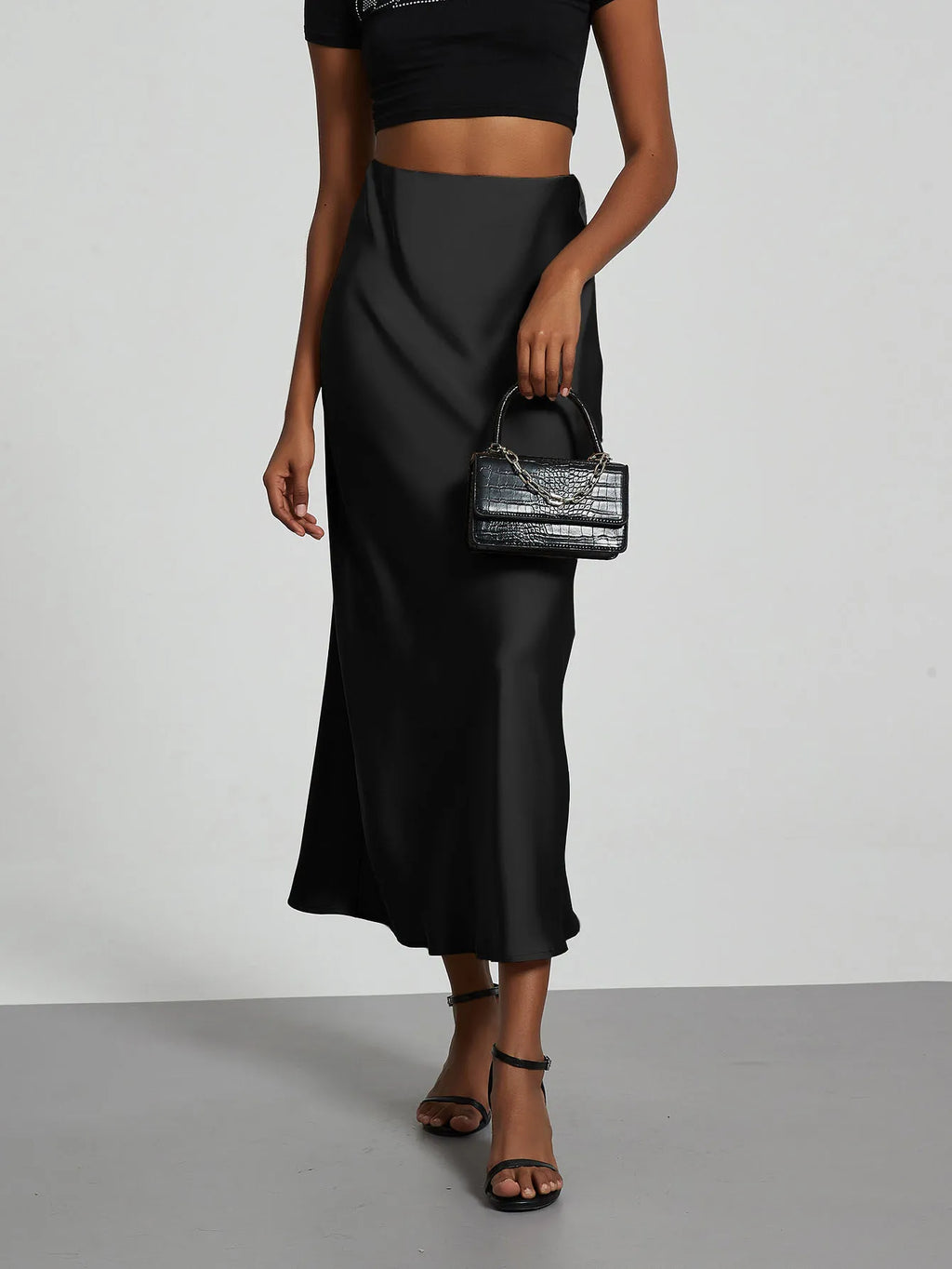Minimalist Satin Midi Skirt  High Waist Bias Cut Flowy Hem Top for Office & Casual Streetwear