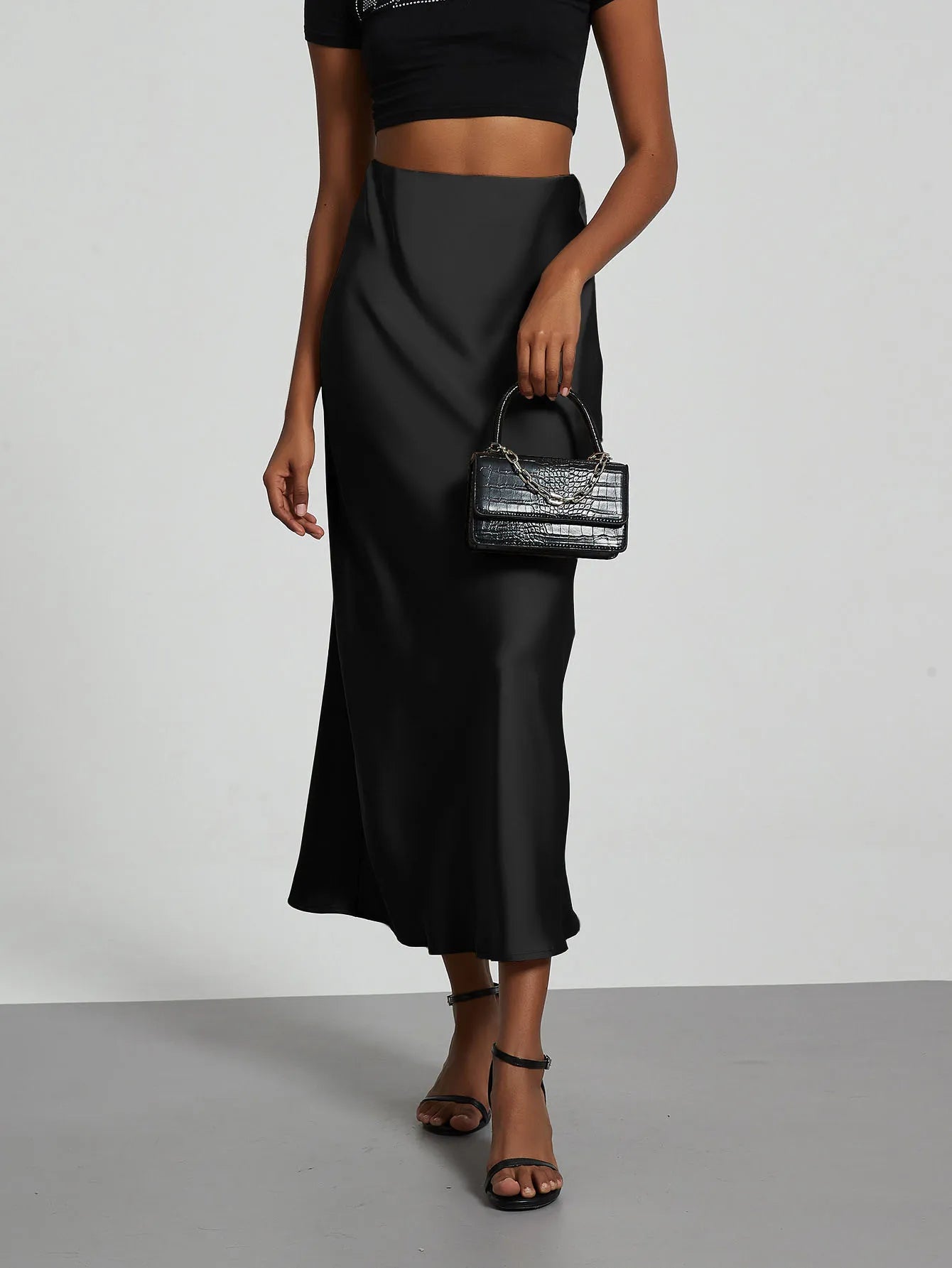 Minimalist Satin Midi Skirt  High Waist Bias Cut Flowy Hem Top for Office & Casual Streetwear