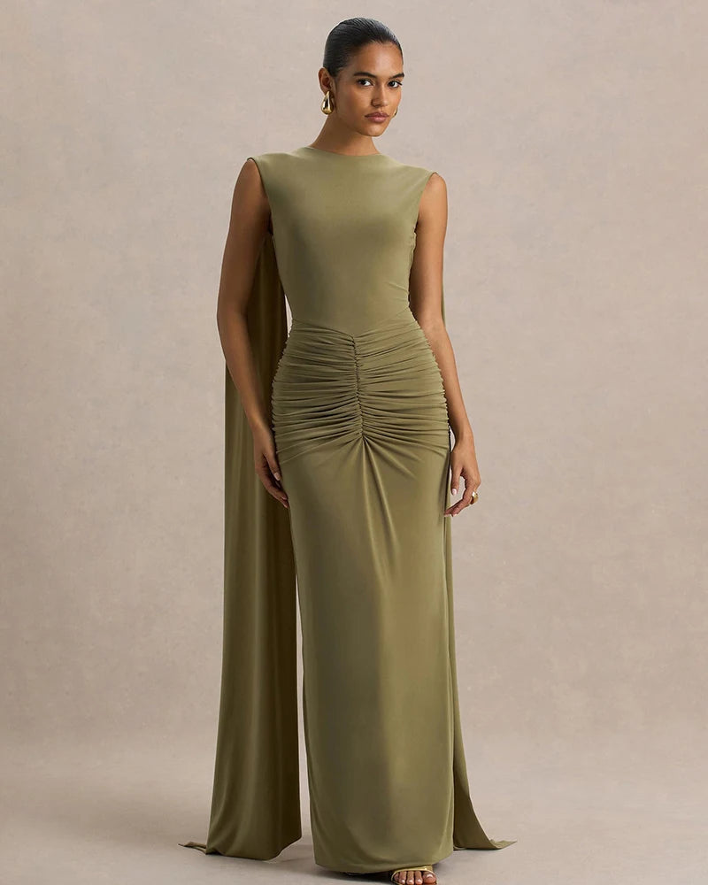 New Backless Evening Gowns Elegant Lady Bodycon Ruched Maxi Dress with Ribbon Fashion Women Sleeveless Prom Dress for Party