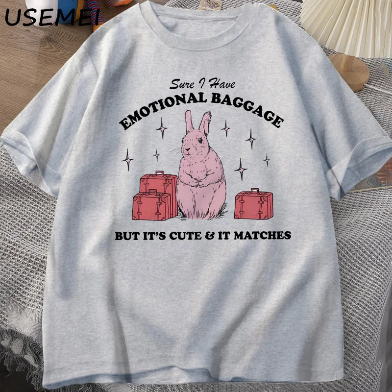 Sure I Have Emotional Baggage Funny Mental Health T Shirts Women Men Vintage Rabbit Tee Shirt Summer Short Sleeve Graphic Tees