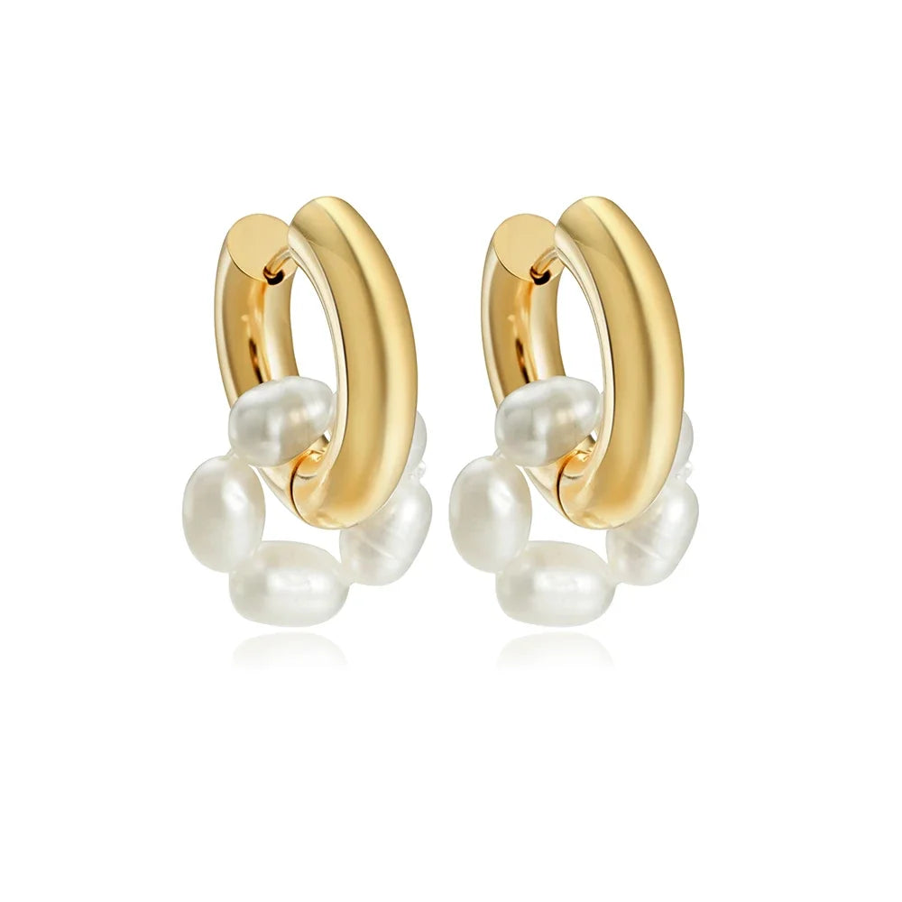 Baroque Pearls Shape Pendant Drop Earrings for Women Gold Plated Stainless Steel Round Circle Huggies Earring Fashion Jewelry