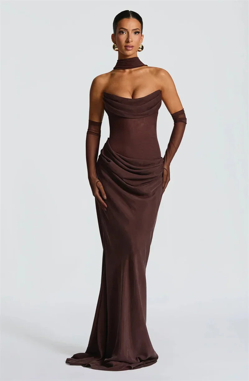 Off-shoulder Backless Sexy Maxi Dress Women Gown Elegant Scarf Collar Strapless Sleeveless Bodycon Club Party Dresses