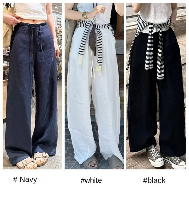 Women Navy Blue Cotton Linen Straight Wide Leg Pants 2026 New Thin High Rise Loose Lazy Fit Spring Summer Daily Casual Trousers